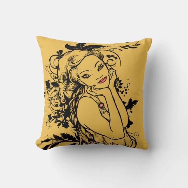 Red Lips Floral Girl Cushion (Front)