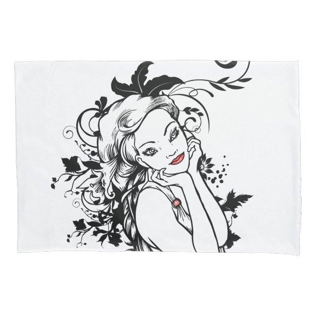 Red Lips Floral Girl Pillowcase (Front)