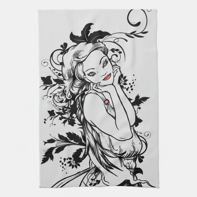 Red Lips Floral Girl Tea Towel (Vertical)