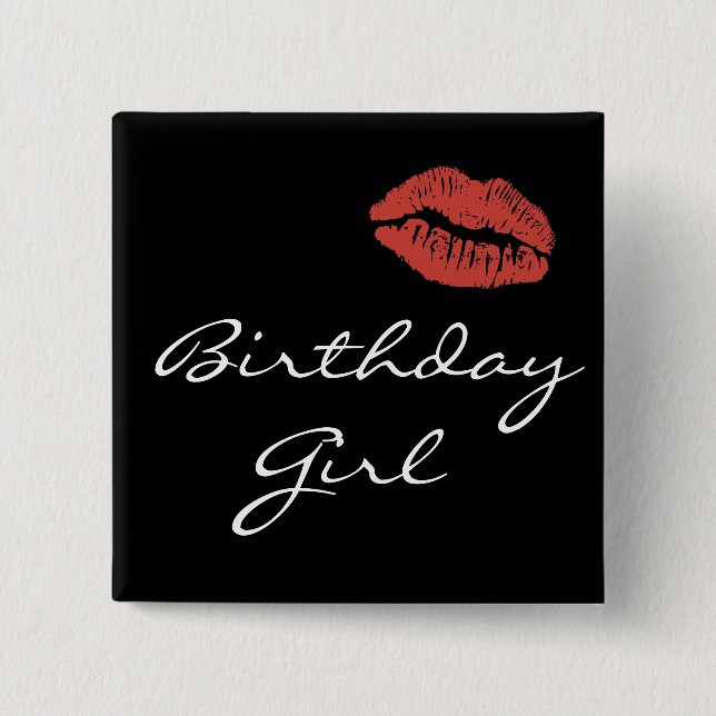 Red Lips Kiss Birthday Girl Pin (Front)