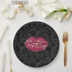 Red Lips Kiss Black Floral Paper Plate