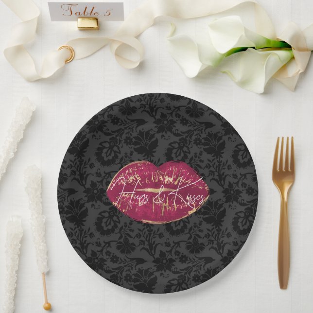 Red Lips Kiss Black Floral Paper Plate (Wedding)