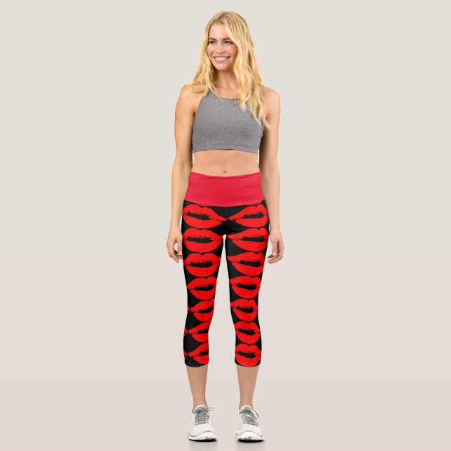 RED LIPS KISS CAPRI YOGA LEGGINGS (Front)