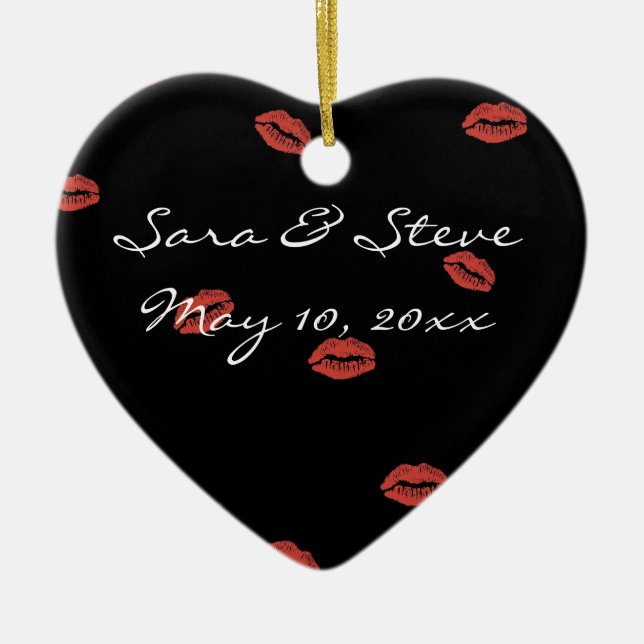 Red Lips Kiss Customisable Wedding Heart Ornament (Front)