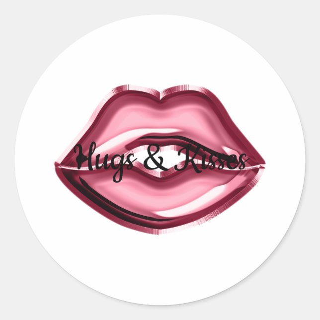 Red Lips Kiss Hearts Classic Round Sticker (Front)
