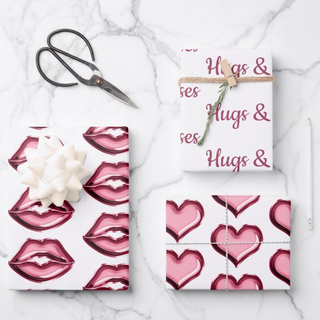 Red Lips Kiss Hearts Wrapping Paper Sheet (Front)