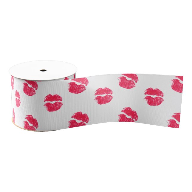 Red Lips Kiss Kisses Pattern Valentine's Day Love Grosgrain Ribbon (Spool)