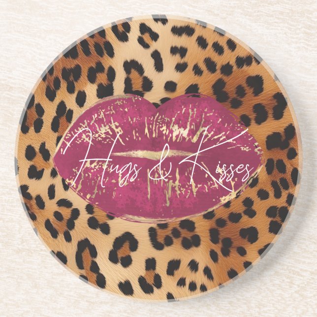 Red Lips Kiss Leopard  Coaster (Front)