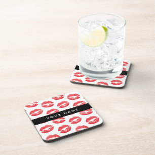 Red Lips, Kiss, Lipstick, Your Name, Personalise Coaster