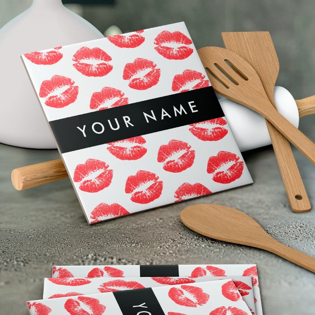 Red Lips, Kiss, Lipstick, Your Name, Personalise Tile (Creator Uploaded)