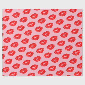 Red Lips Kisses on Pink Wrapping Paper