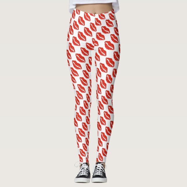 Red Lips Lipstick Kiss Print Valentine's Day Love Leggings (Front)