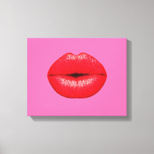 Red lips lipstick pop art on girly pink canvas print