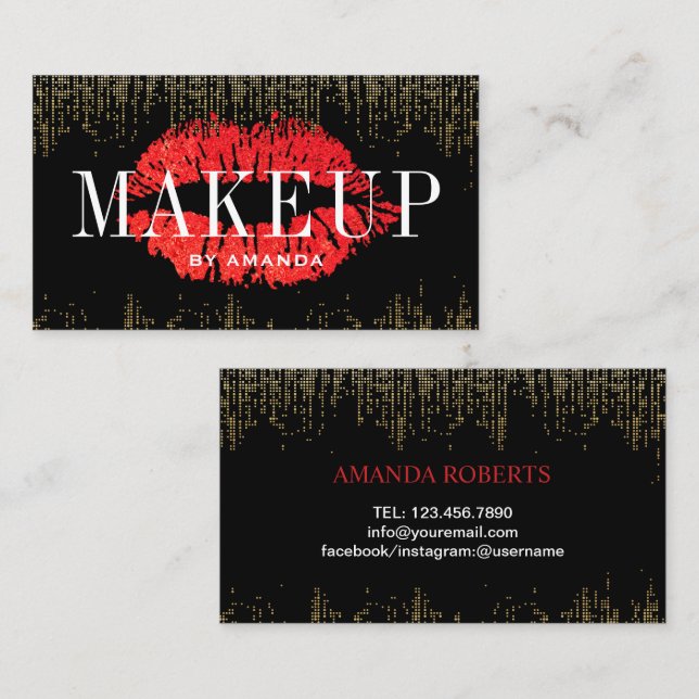 Red Lips Makeup Artist Modern Gold Confetti Business Card (Front/Back)