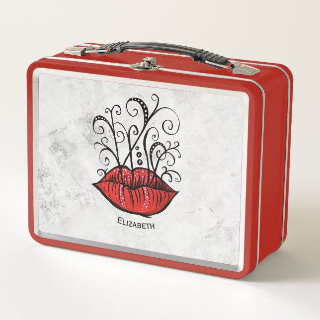 Red Lips Makeup Artist Name Metal Lunch Box (Front)