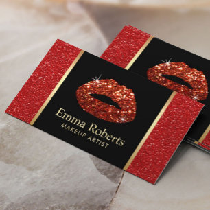 Red Lips Makeup Artist Trendy Red Glitter Salon Business Card