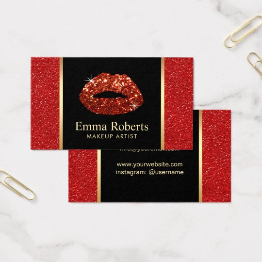 Red Lips Makeup Artist Trendy Red Glitter Salon Business Card