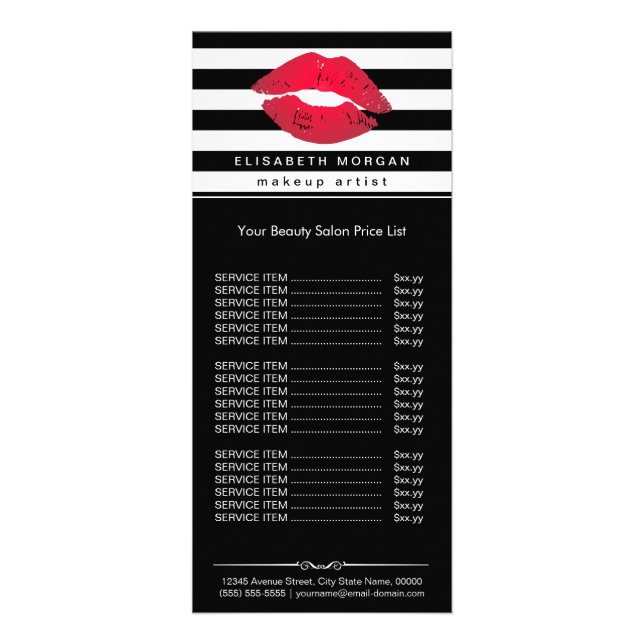 Red Lips Makeup Black White Stripes Price List Rack Card (Front)