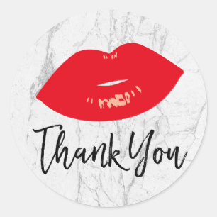 Red Lips Modern White Marble Thank You Classic Round Sticker
