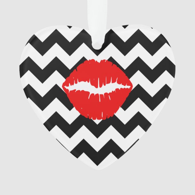 Red Lips on Black and White Zigzag Ornament (Front)