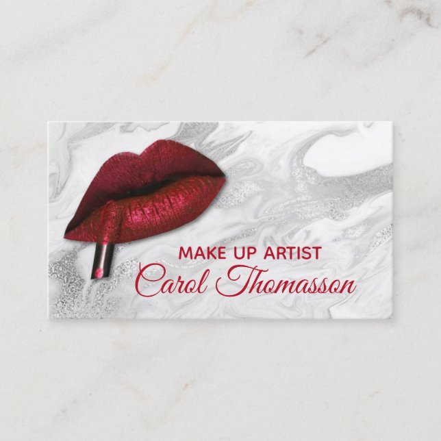 Red Lips on White Faux Marble Makeup Business Card (Front)