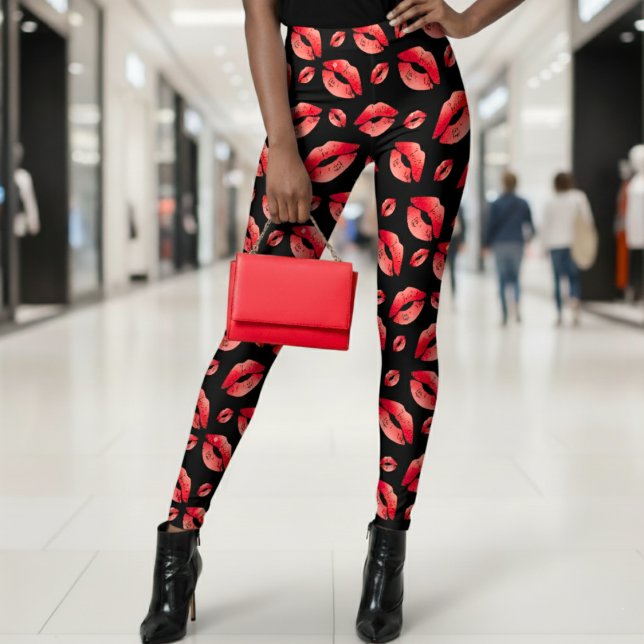 Red Lips Pattern Black Leggings (Red Lips Pattern Black Leggings
)