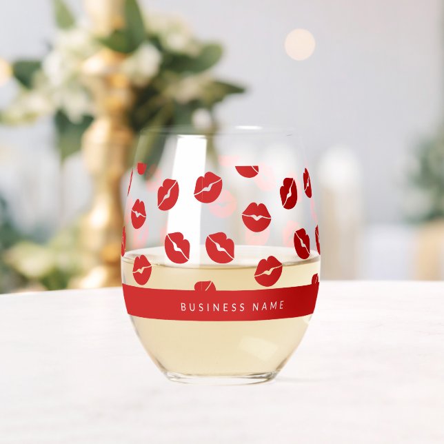 Red Lips Pattern Custom Business Name Lady Stemless Wine Glass (Insitu (Wedding))