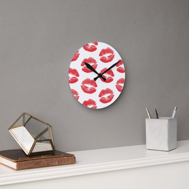 Red Lips, Pattern Of Lips, Red Lipstick, Kiss Round Clock (Office)