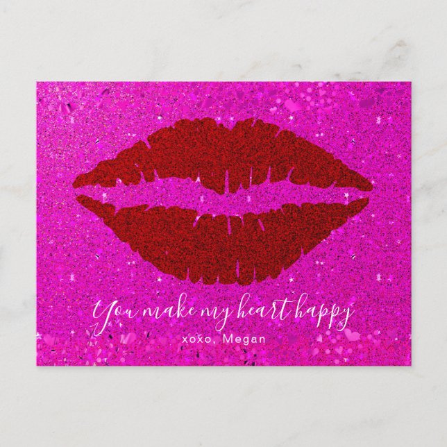Red Lips Pink Glitter Valentine Make Heart Happy  Holiday Postcard (Front)