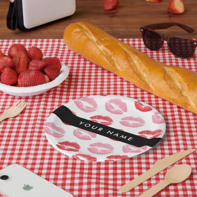 Red Lips, Pink Lips, Kiss, Your Name, Personalise Paper Plate (Picnic)