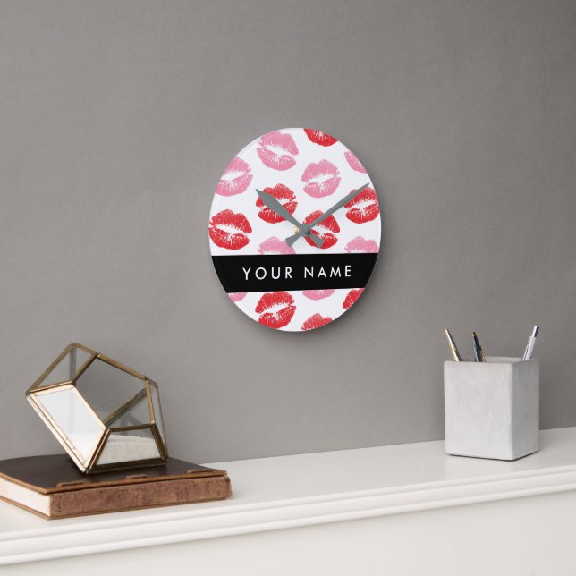 Red Lips, Pink Lips, Kiss, Your Name, Personalise Round Clock (Office)