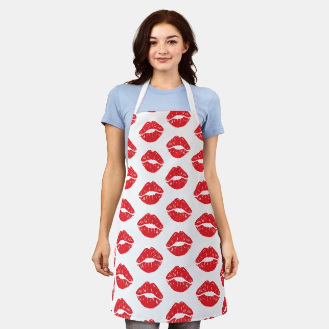 Red Lips, Red Lipstick, Kiss, Pattern Of Lips Apron (Worn)