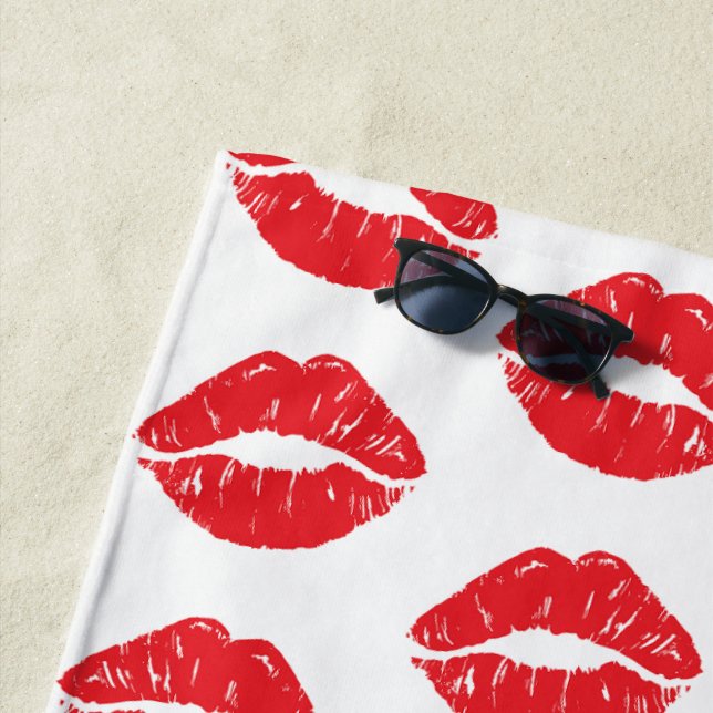 Red Lips, Red Lipstick, Kiss, Pattern Of Lips Beach Towel (In Situ)