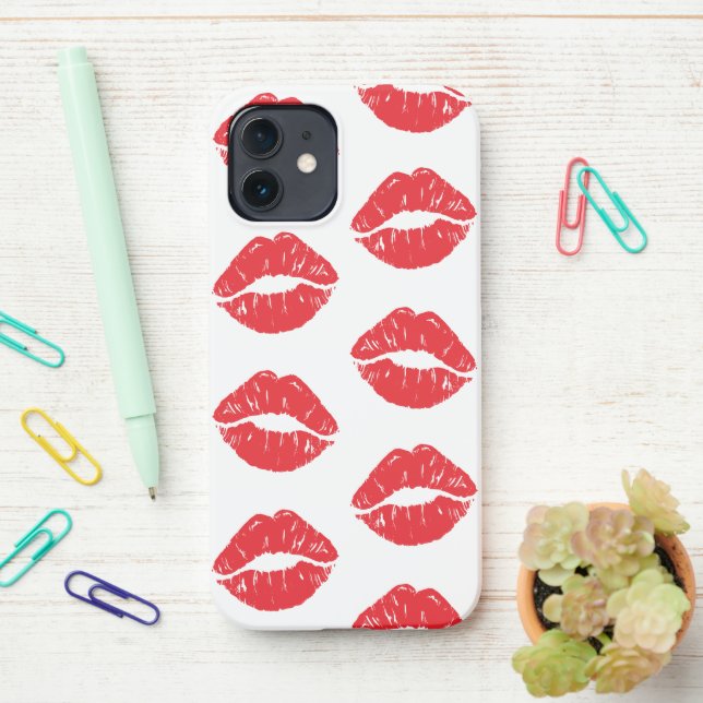 Red Lips, Red Lipstick, Kiss, Pattern Of Lips iPhone Case (On Desk)