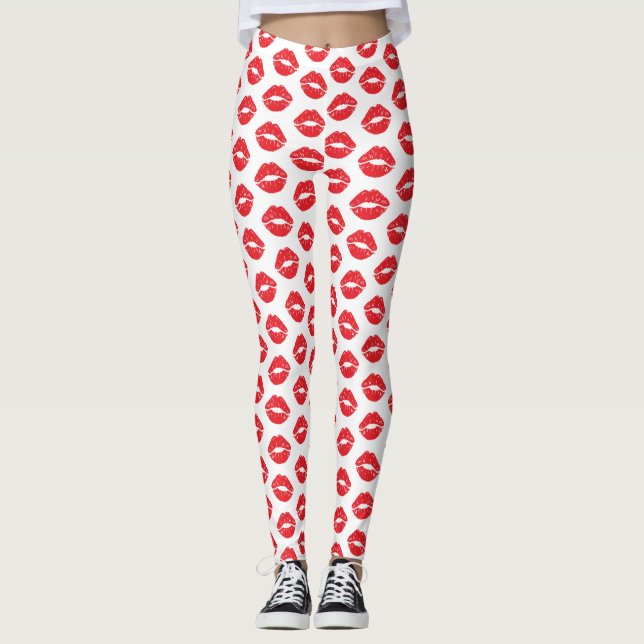 Red Lips, Red Lipstick, Kiss, Pattern Of Lips Leggings (Front)