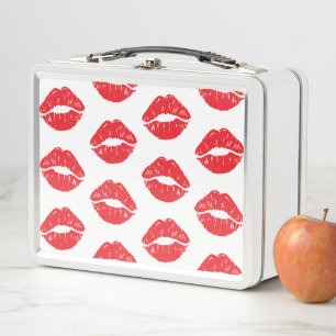 Red Lips, Red Lipstick, Kiss, Pattern Of Lips Metal Lunch Box