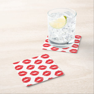 Red Lips, Red Lipstick, Kiss, Pattern Of Lips Square Paper Coaster