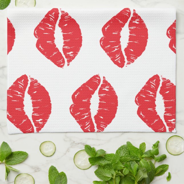 Red Lips, Red Lipstick, Kiss, Pattern Of Lips Tea Towel (Folded)