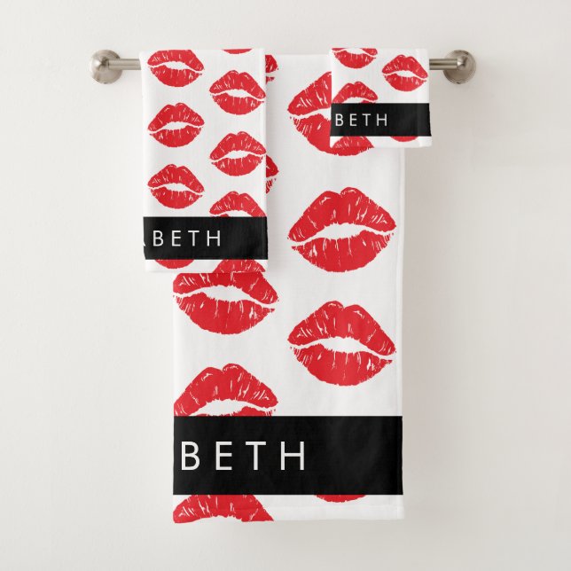 Red Lips, Red Lipstick, Pattern Of Lips, Your Name Bath Towel Set (Insitu)
