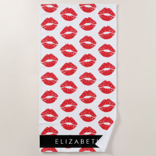 Red Lips, Red Lipstick, Pattern Of Lips, Your Name Beach Towel