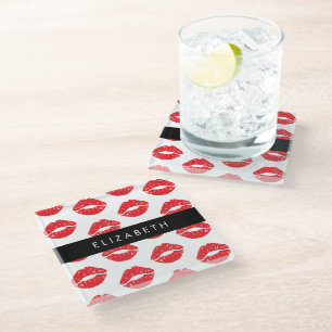 Red Lips, Red Lipstick, Pattern Of Lips, Your Name Glass Coaster