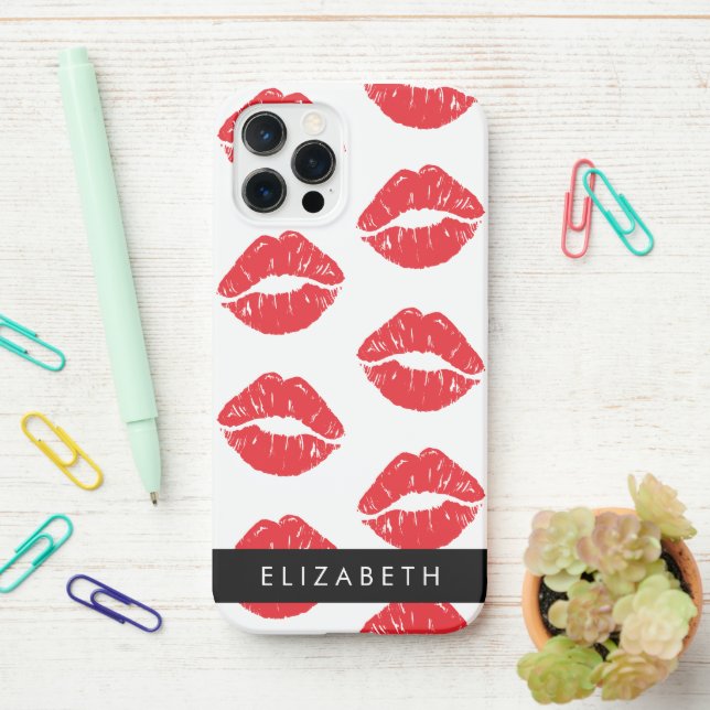 Red Lips, Red Lipstick, Pattern Of Lips, Your Name iPhone Case (On Desk)
