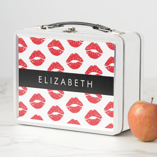 Red Lips, Red Lipstick, Pattern Of Lips, Your Name Metal Lunch Box (In Situ)
