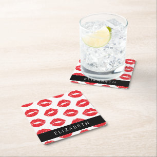 Red Lips, Red Lipstick, Pattern Of Lips, Your Name Square Paper Coaster