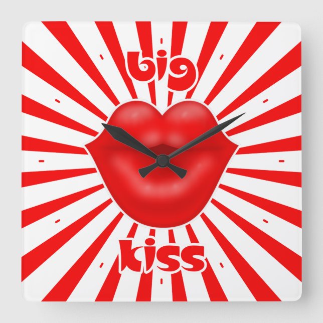 Red lips solar rays big kiss square wall clock (Front)