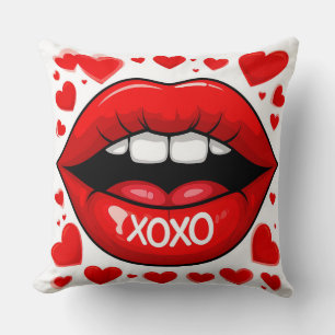 Red Lips with XOXO Text Surrounded by Red Hearts Cushion