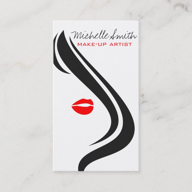 Red lips woman Make-up artist business card design (Front)