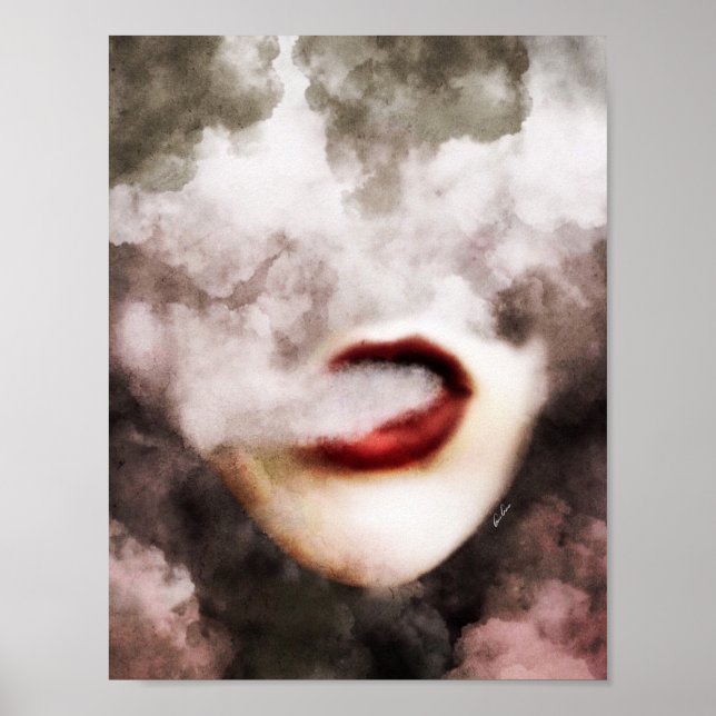 Red Lips Woman Smoke Art Poster (Front)