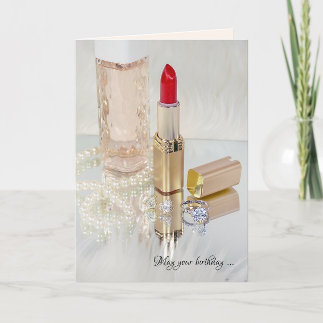 Red lipstick and jewelry birthday card (Front)