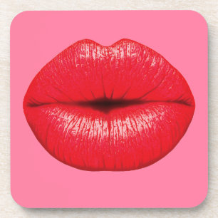 Red Lipstick big pop art lips on girly pink Coaster
